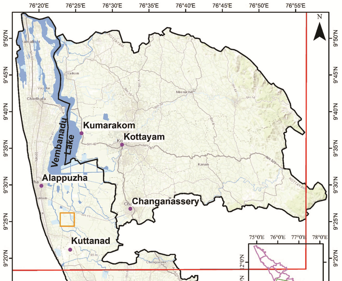 Satellite map showing flood affected regions in Alappuzha and Kottayam Kerala during 2018 floods